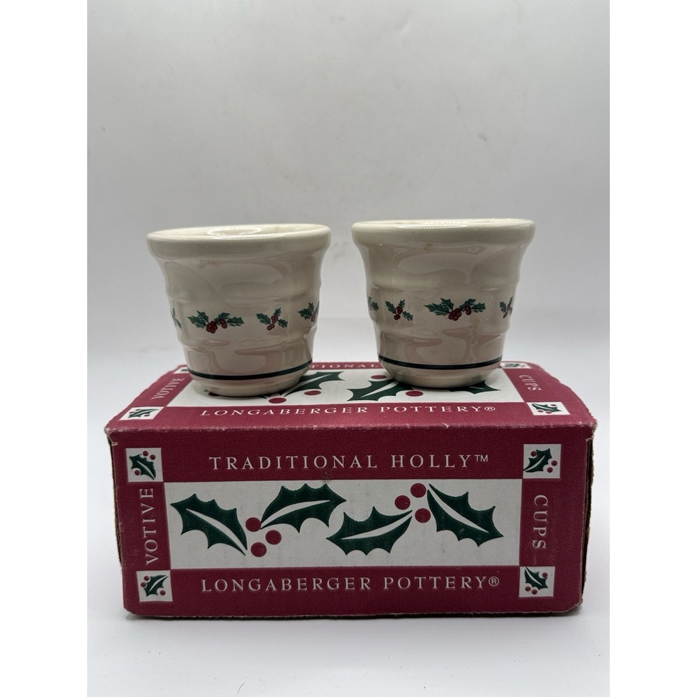 Longaberger Pottery Holly Votive Candle Cups Set w Box Christmas USA